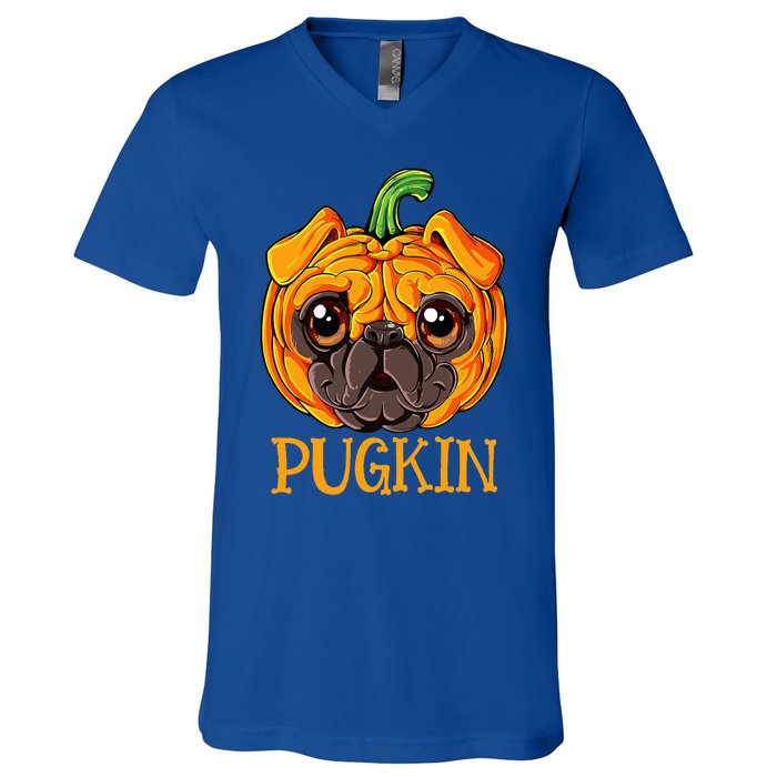 Pugkin Pug Pumpkin Halloween Thanksgiving Dog V-Neck T-Shirt