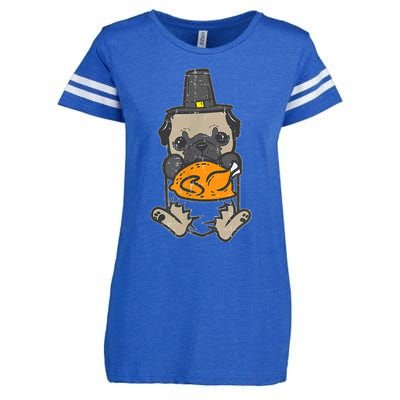 Pocket Pilgrim Pug Turkey Thanksgiving Dog S Enza Ladies Jersey Football T-Shirt