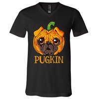 Pugkin Pug Pumpkin Halloween Thanksgiving  Dog V-Neck T-Shirt