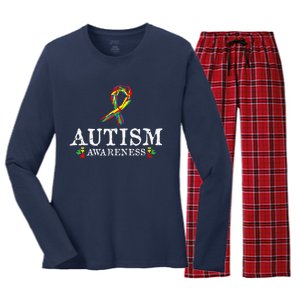 Puzzle Piece Ribbon Autism Awareness Gifts For Adults Women's Long Sleeve Flannel Pajama Set 