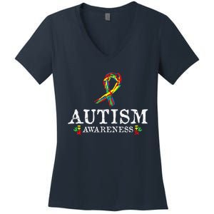 Puzzle Piece Ribbon Autism Awareness Gifts For Adults Women's V-Neck T-Shirt