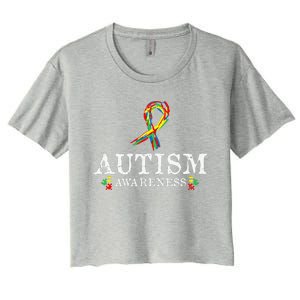 Puzzle Piece Ribbon Autism Awareness Gifts For Adults Women's Crop Top Tee