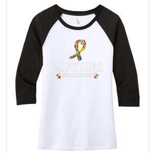 Puzzle Piece Ribbon Autism Awareness Gifts For Adults Women's Tri-Blend 3/4-Sleeve Raglan Shirt