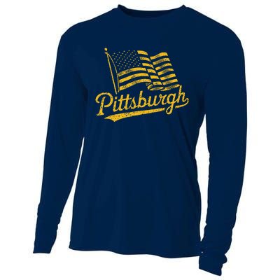 Pittsburgh Pennsylvania Retro Usa American Flag Pride Cooling Performance Long Sleeve Crew