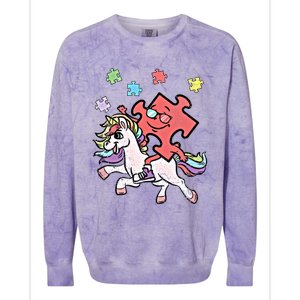 Puzzle Piece Riding Unicorn Autism Awareness Autistic Great Gift Colorblast Crewneck Sweatshirt