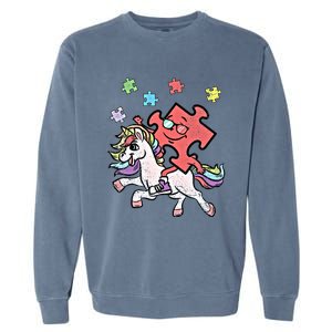 Puzzle Piece Riding Unicorn Autism Awareness Autistic Great Gift Garment-Dyed Sweatshirt