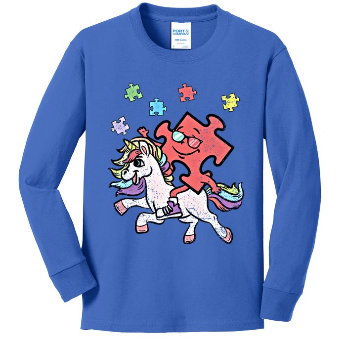 Puzzle Piece Riding Unicorn Autism Awareness Autistic Great Gift Kids Long Sleeve Shirt