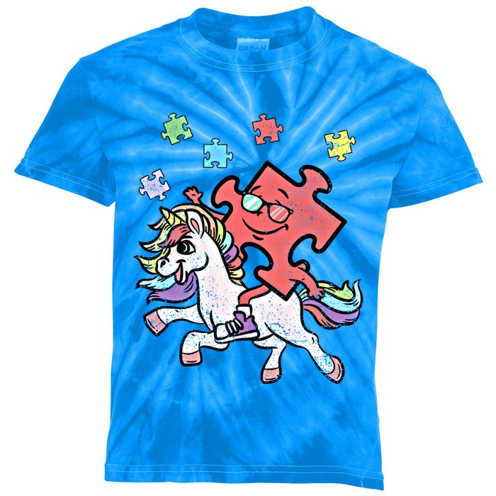 Puzzle Piece Riding Unicorn Autism Awareness Autistic Great Gift Kids Tie-Dye T-Shirt