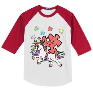 Puzzle Piece Riding Unicorn Autism Awareness Autistic Great Gift Kids Colorblock Raglan Jersey