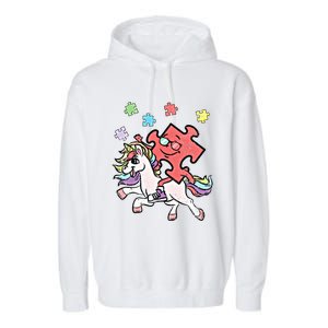 Puzzle Piece Riding Unicorn Autism Awareness Autistic Great Gift Garment-Dyed Fleece Hoodie