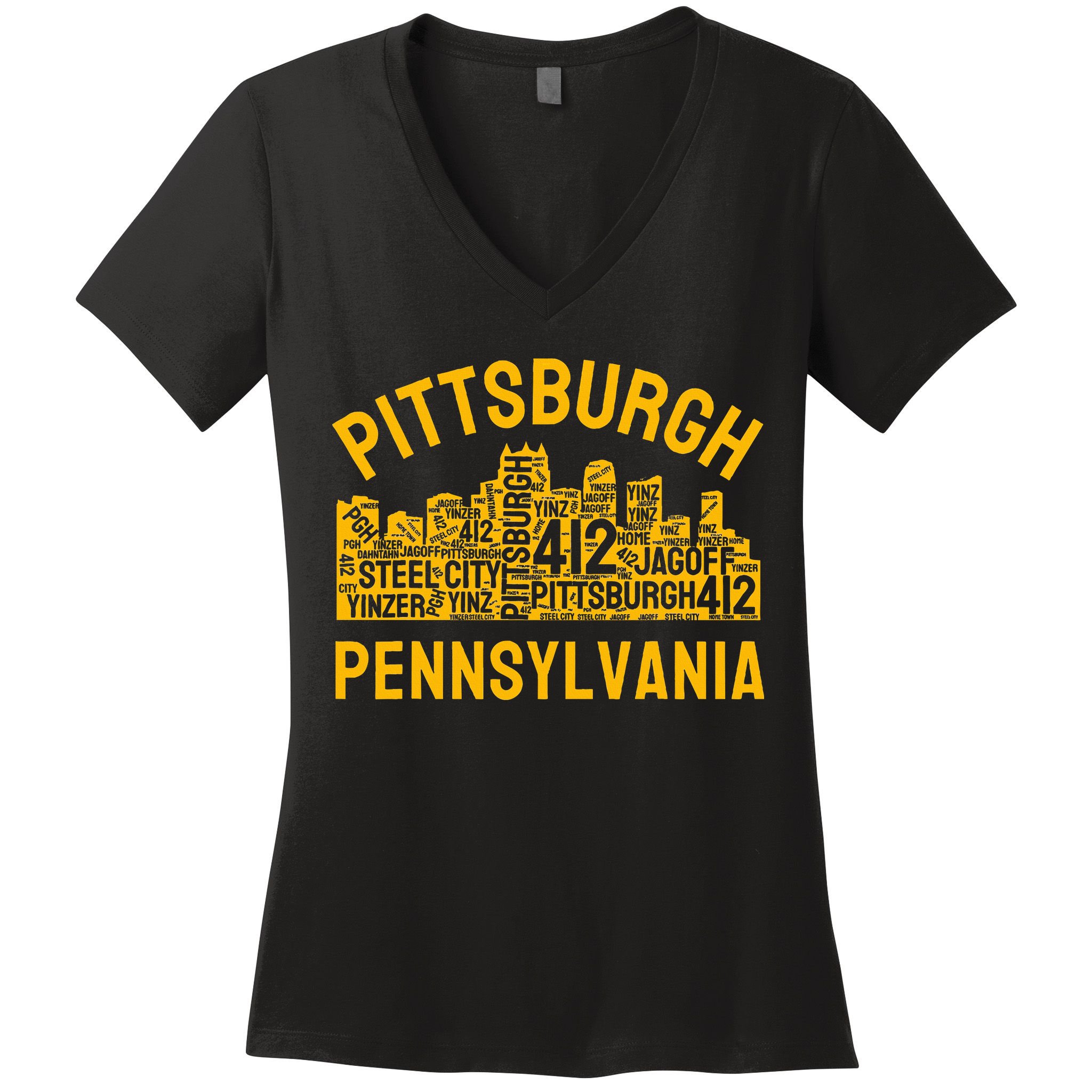 Pittsburgh Pennsylvania Steel City Skyline 412 Yinz Home Women's V-Neck T-Shirt