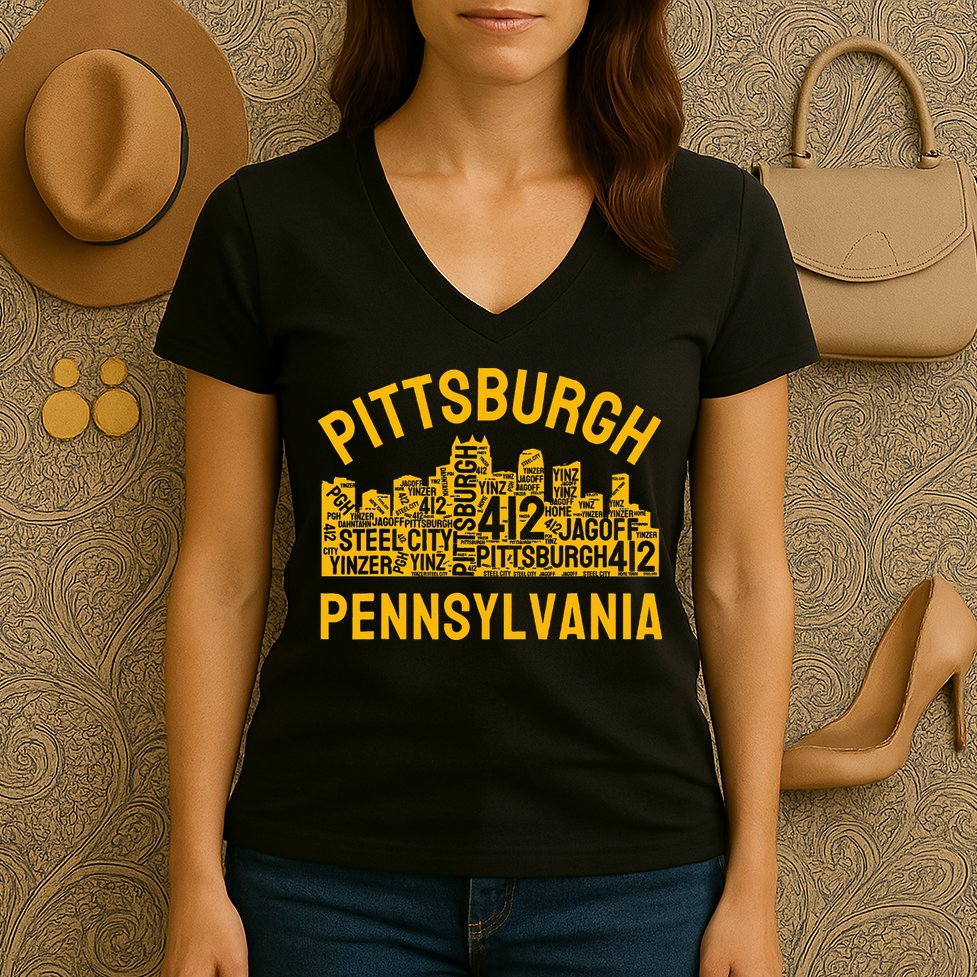 Pittsburgh Pennsylvania Steel City Skyline 412 Yinz Home Women's V-Neck T-Shirt