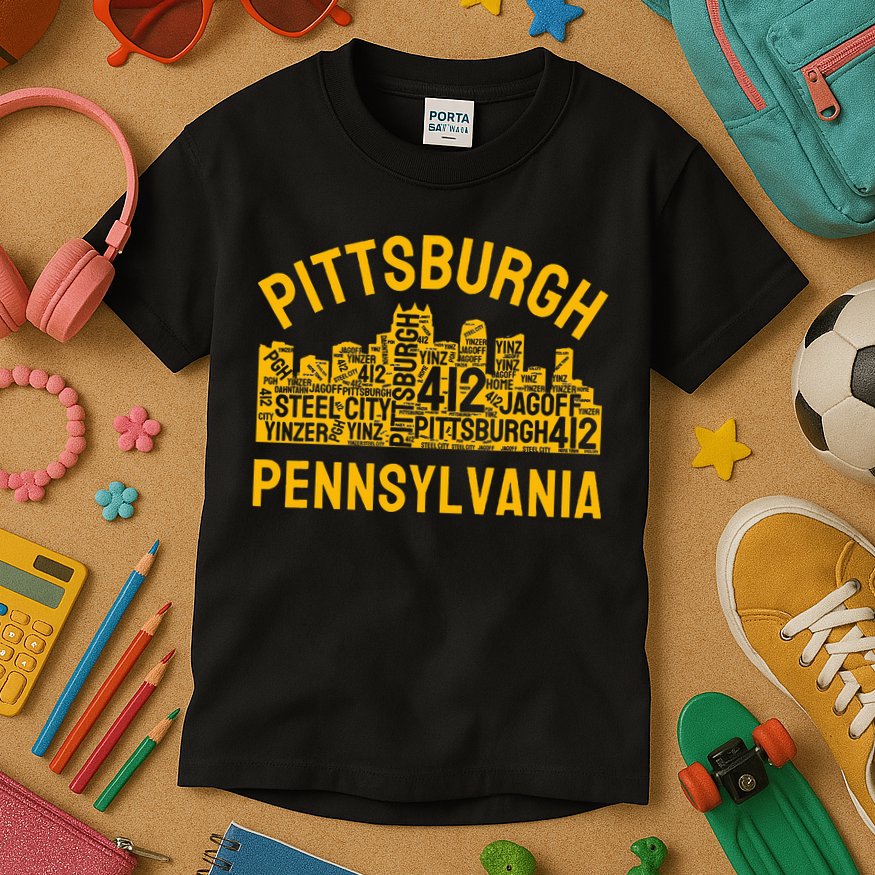 Pittsburgh Pennsylvania Steel City Skyline 412 Yinz Home Kids T-Shirt