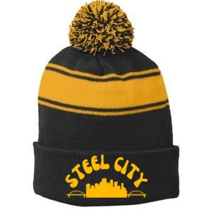 Pittsburgh Pennsylvania Sl City Skyline Bridges Retro Stripe Pom Pom Beanie