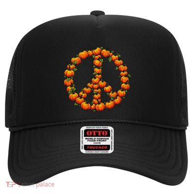 Pumpkin Peace Sign Fall Season Pumpkins Autumn Halloween High Crown Mesh Back Trucker Hat