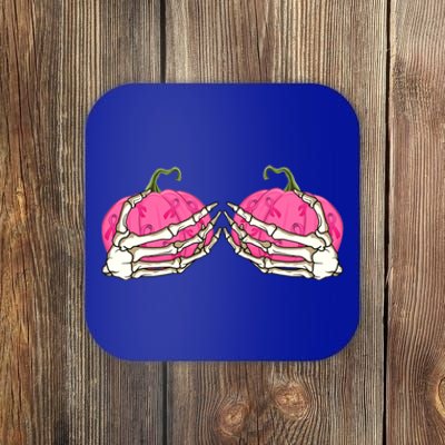 Pink Pumpkin Skeleton Hands Bra Breast Cancer Awareness Gift Coaster