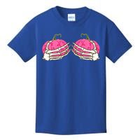 Pink Pumpkin Skeleton Hands Bra Breast Cancer Awareness Gift Kids T-Shirt