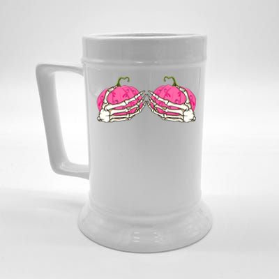 Pink Pumpkin Skeleton Hands Bra Breast Cancer Awareness Gift Beer Stein