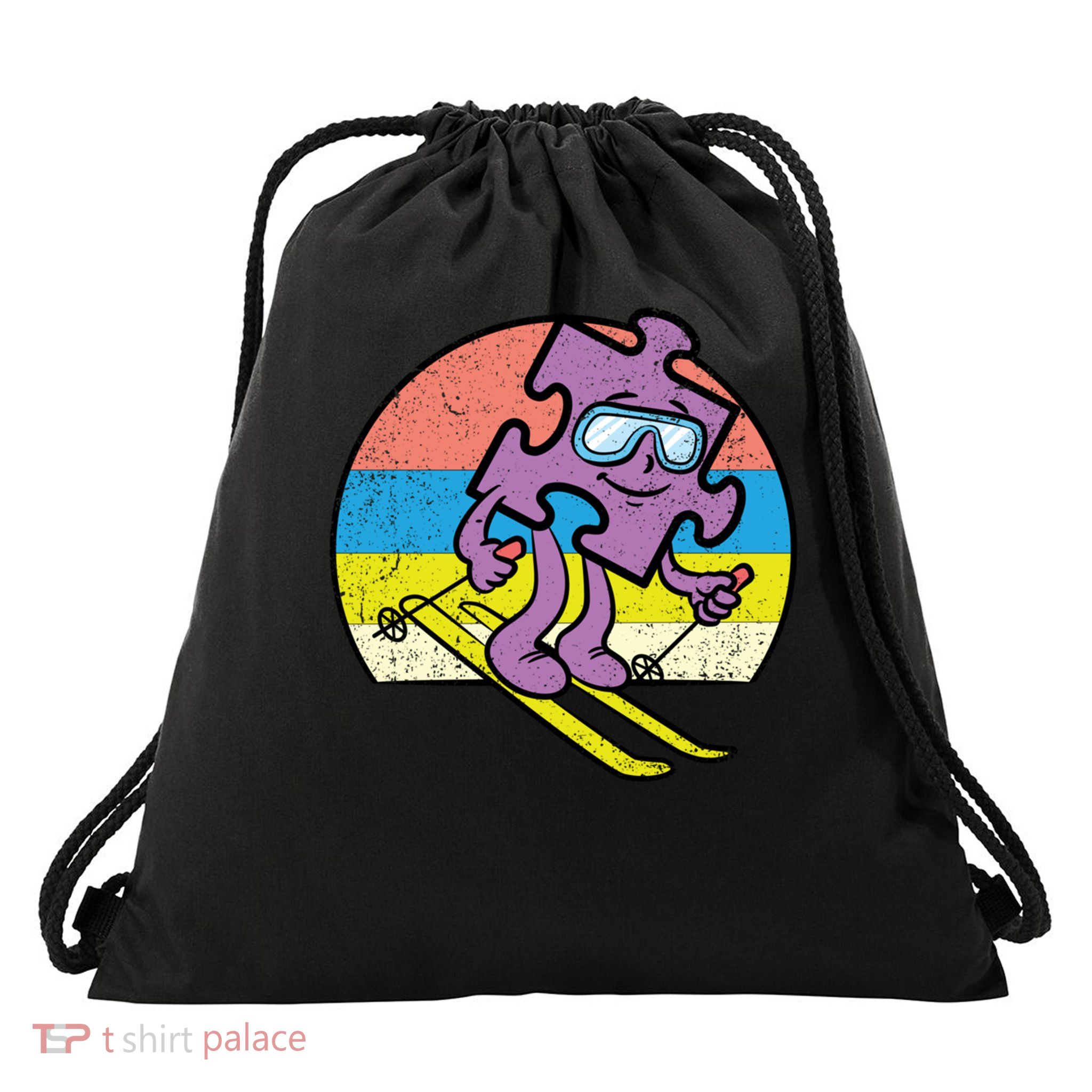 puzzle piece skier autism awareness ski autistic warrior gift Drawstring Bag
