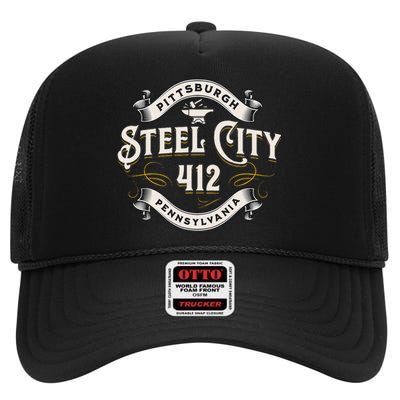 Pittsburgh Pennsylvania Steel City 412 Home Vintage High Crown Mesh Back Trucker Hat