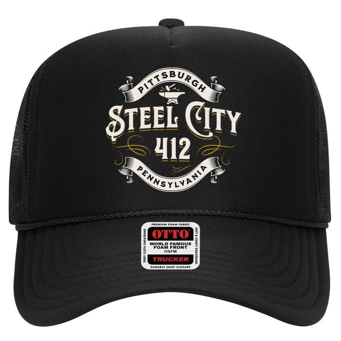 Pittsburgh Pennsylvania Steel City 412 Home Vintage High Crown Mesh Back Trucker Hat