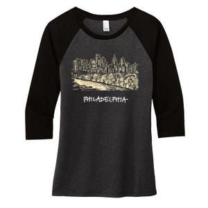 Philadelphia Pennsylvania Skyline Panorama Women's Tri-Blend 3/4-Sleeve Raglan Shirt