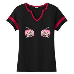 Pink Pumpkin Skeleton Breast Cancer Ladies Halftime Notch Neck Tee