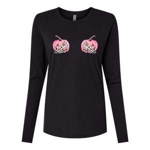 Pink Pumpkin Skeleton Breast Cancer Womens Cotton Relaxed Long Sleeve T-Shirt