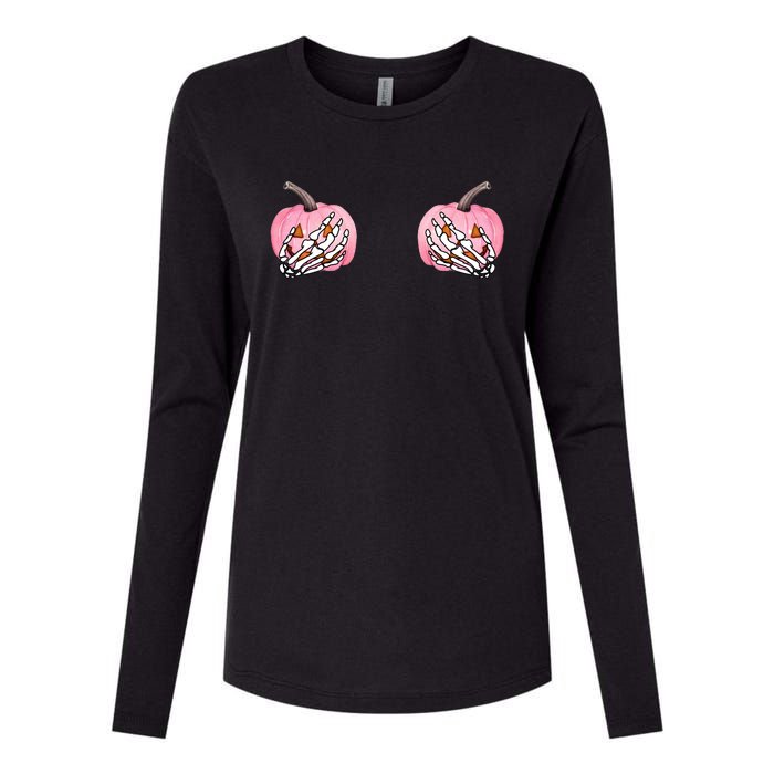 Pink Pumpkin Skeleton Breast Cancer Womens Cotton Relaxed Long Sleeve T-Shirt