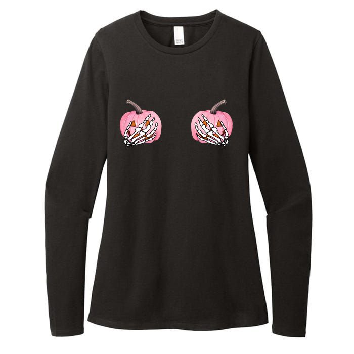 Pink Pumpkin Skeleton Breast Cancer Womens CVC Long Sleeve Shirt