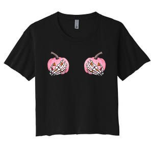 Pink Pumpkin Skeleton Breast Cancer Women's Crop Top Tee