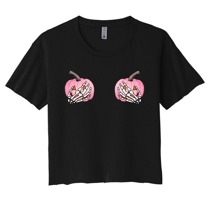 Pink Pumpkin Skeleton Breast Cancer Women's Crop Top Tee