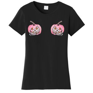 Pink Pumpkin Skeleton Breast Cancer Women's T-Shirt