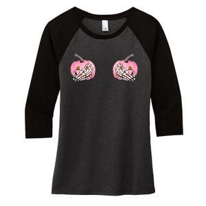 Pink Pumpkin Skeleton Breast Cancer Women's Tri-Blend 3/4-Sleeve Raglan Shirt