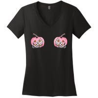 Pink Pumpkin Skeleton Breast Cancer Women's V-Neck T-Shirt