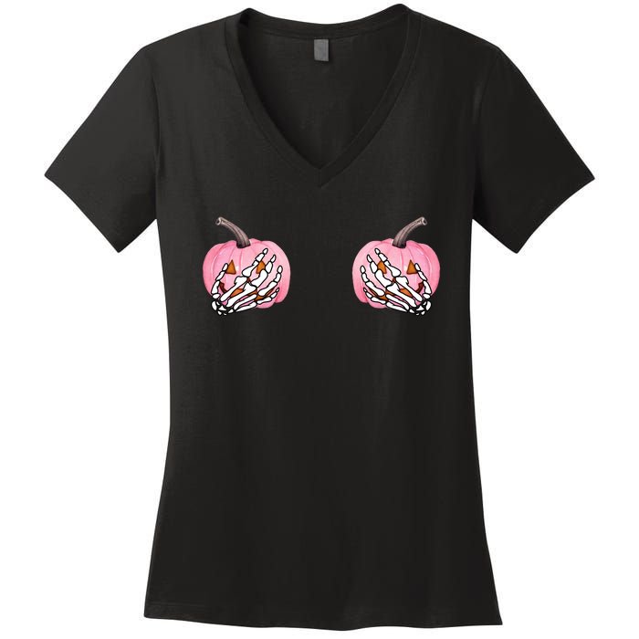 Pink Pumpkin Skeleton Breast Cancer Women's V-Neck T-Shirt