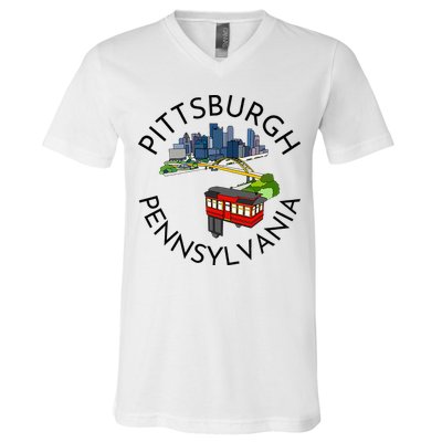 Pittsburgh Pennsylvania Steel City Skyline Bridge 412 V-Neck T-Shirt