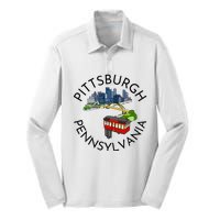 Pittsburgh Pennsylvania Steel City Skyline Bridge 412 Silk Touch Performance Long Sleeve Polo