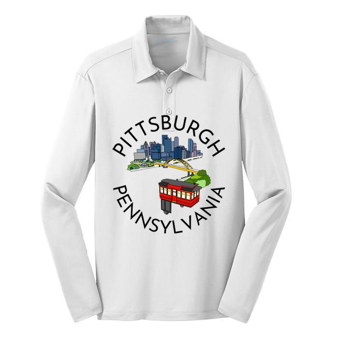 Pittsburgh Pennsylvania Steel City Skyline Bridge 412 Silk Touch Performance Long Sleeve Polo