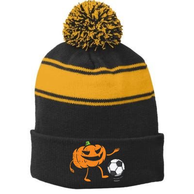 Pumpkin Playing Soccer Football Halloween Costume Sports Stripe Pom Pom Beanie