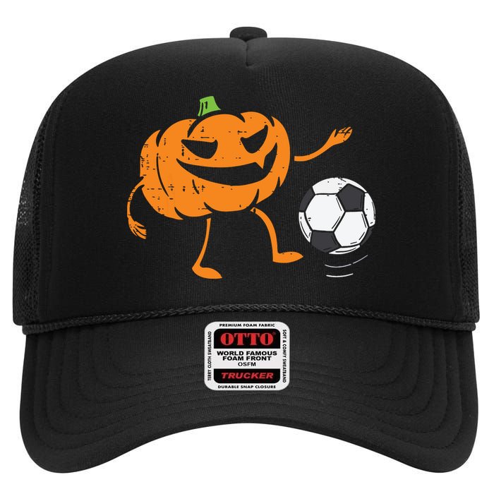 Pumpkin Playing Soccer Football Halloween Costume Sports High Crown Mesh Back Trucker Hat