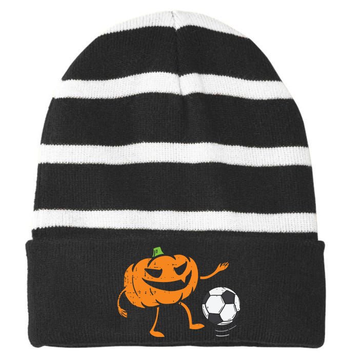 Pumpkin Playing Soccer Football Halloween Costume Sports Striped Beanie with Solid Band