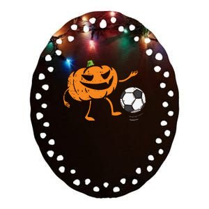 Pumpkin Playing Soccer Football Halloween Costume Sports Ceramic Oval Ornament