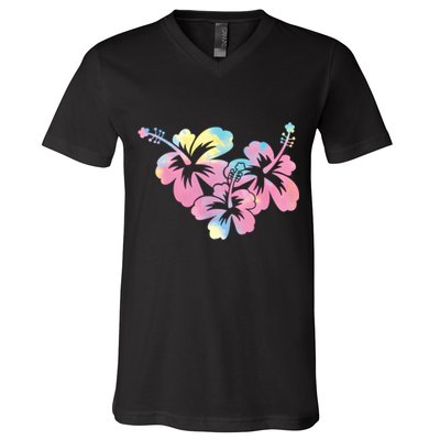 Palm Puff Summer Beach Hawaii Hibiscus V-Neck T-Shirt