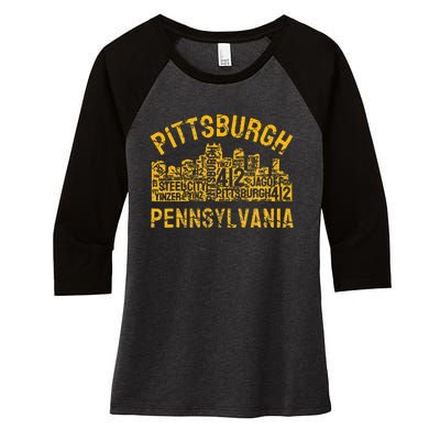 Pittsburgh Pennsylvania Steel City Skyline 412 Home Women's Tri-Blend 3/4-Sleeve Raglan Shirt