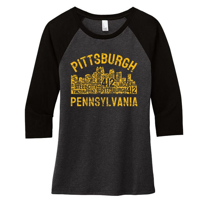 Pittsburgh Pennsylvania Steel City Skyline 412 Home Women's Tri-Blend 3/4-Sleeve Raglan Shirt