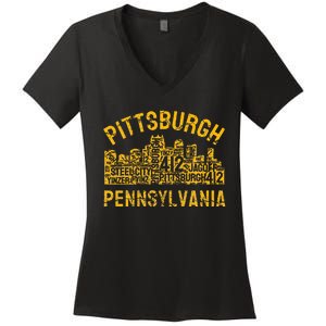 Pittsburgh Pennsylvania Steel City Skyline 412 Home Women's V-Neck T-Shirt