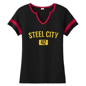 Pittsburgh Pennsylvania Steel City Black And Gold Ladies Halftime Notch Neck Tee