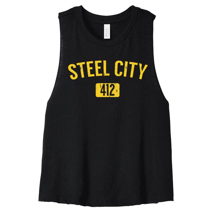 Pittsburgh Pennsylvania Steel City Black And Gold Women's Racerback Cropped Tank