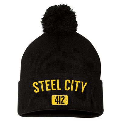 Pittsburgh Pennsylvania Steel City Black And Gold Pom Pom 12in Knit Beanie